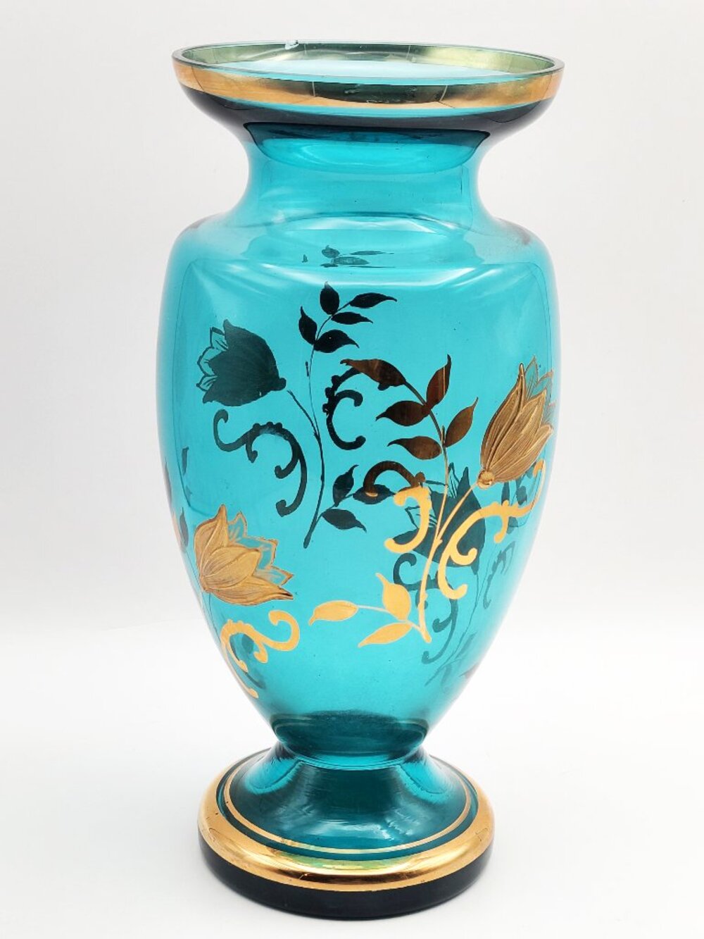 Vintage Bohemian Aqua Blue with Gold Overlay 10" Vase AS IS